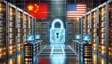 A secure data center with Chinese and American flags subtly placed on opposite ends, symbolizing geopolitical tension. The scene includes computer servers