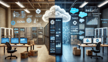A photorealistic image of a modern government data center being transformed into a cloud-based system. On one side, there are old servers, cables, and