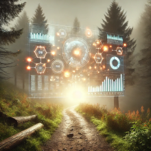 A high-resolution photo-realistic image of a data dashboard floating above a forest path at dawn, representing clarity emerging from complexity