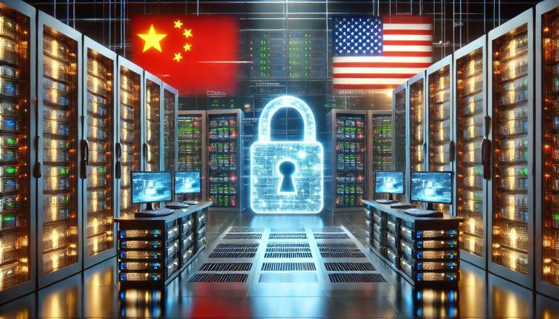 A secure data center with Chinese and American flags subtly placed on opposite ends, symbolizing geopolitical tension. The scene includes computer servers