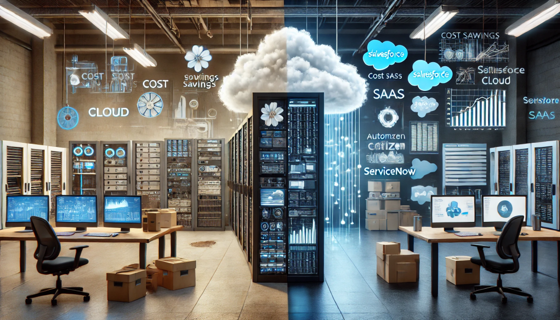 A photorealistic image of a modern government data center being transformed into a cloud-based system. On one side, there are old servers, cables, and