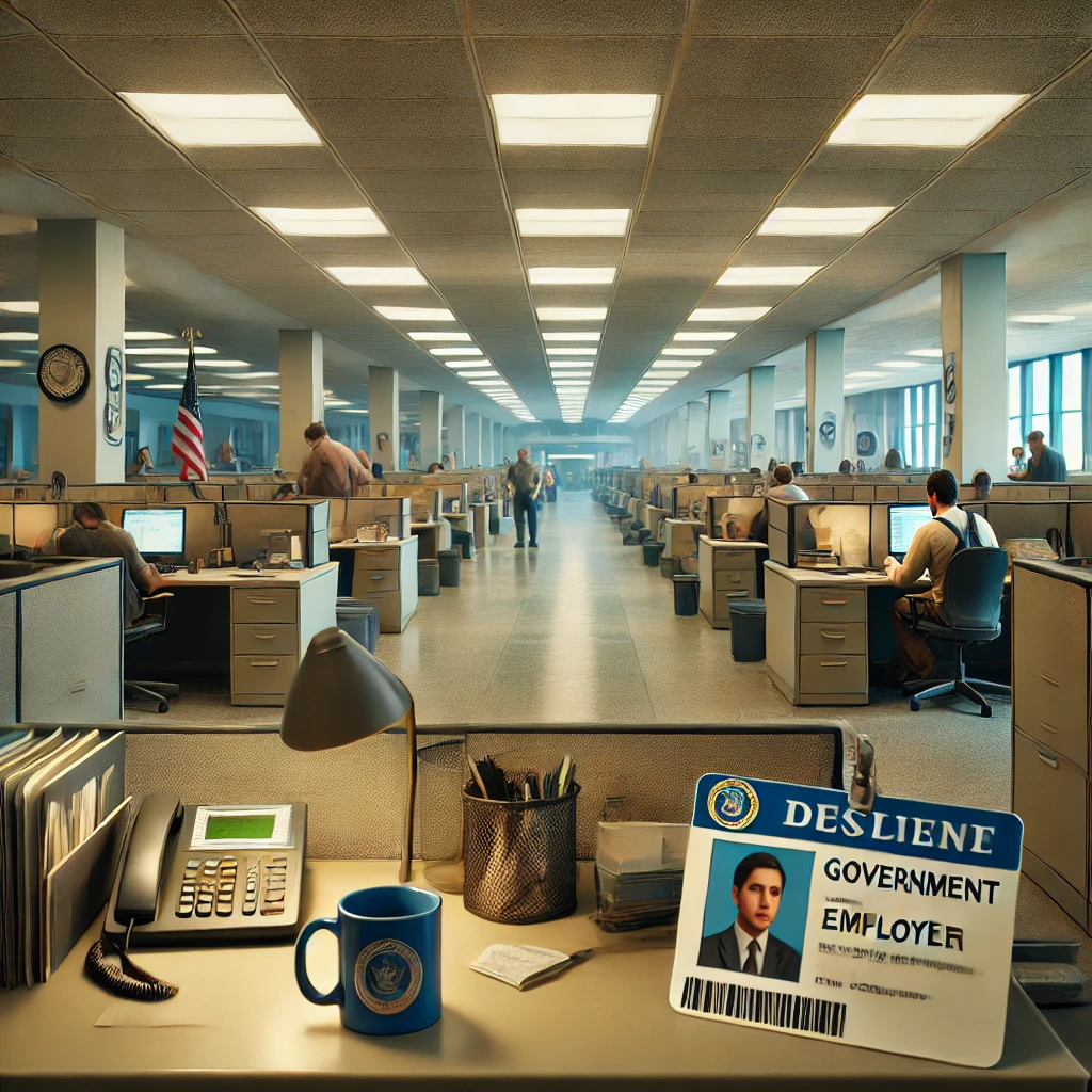 Photo-realistic image of a federal office building interior during daylight. Rows of cubicles are half empty. In the foreground, a government employee