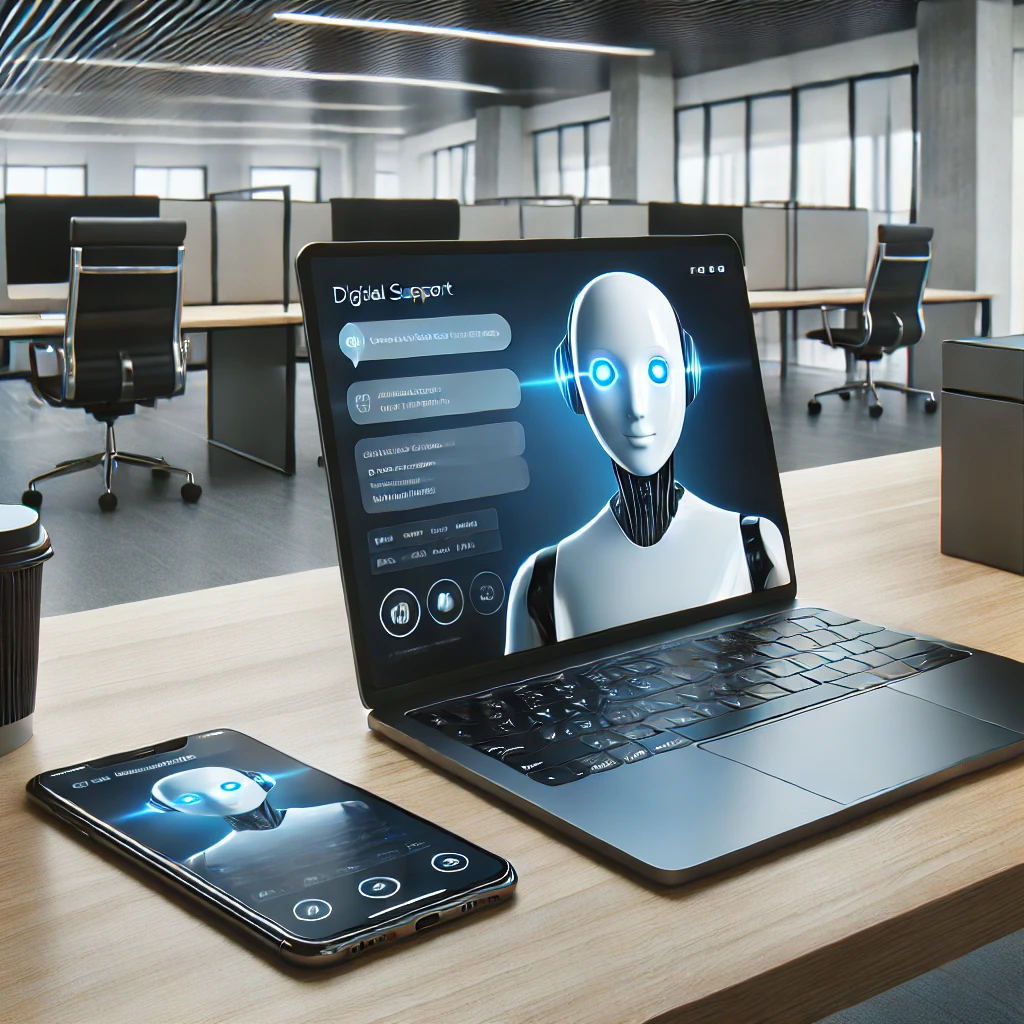 A photorealistic image of a modern office environment with no visible IT support desk. A sleek laptop is open on the desk, displaying a digital assist